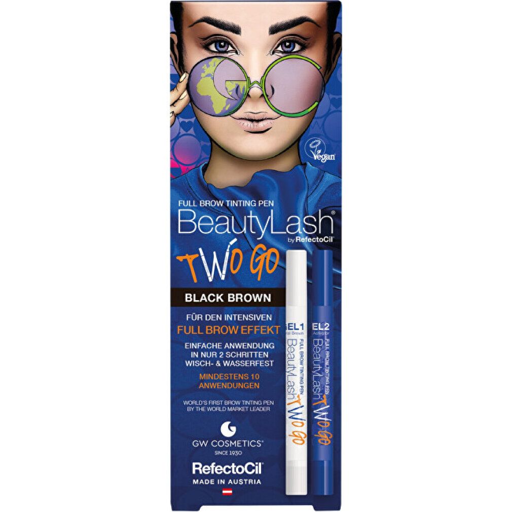 RefectoCil BeautyLash TWO GO Black Brown Augenbrauenfärbestift-Set mit zwei Stiften und Verpackung.