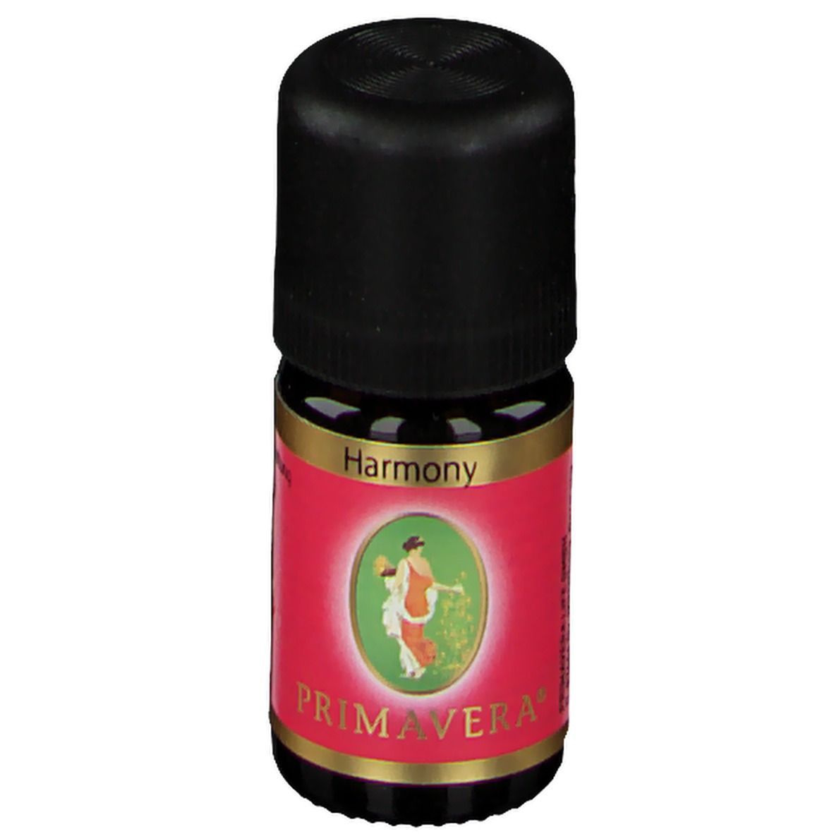 Kleine Glasflasche mit schwarzem Deckel. Rote Etikette mit Frau, Schriftzug Harmony und Primavera.
