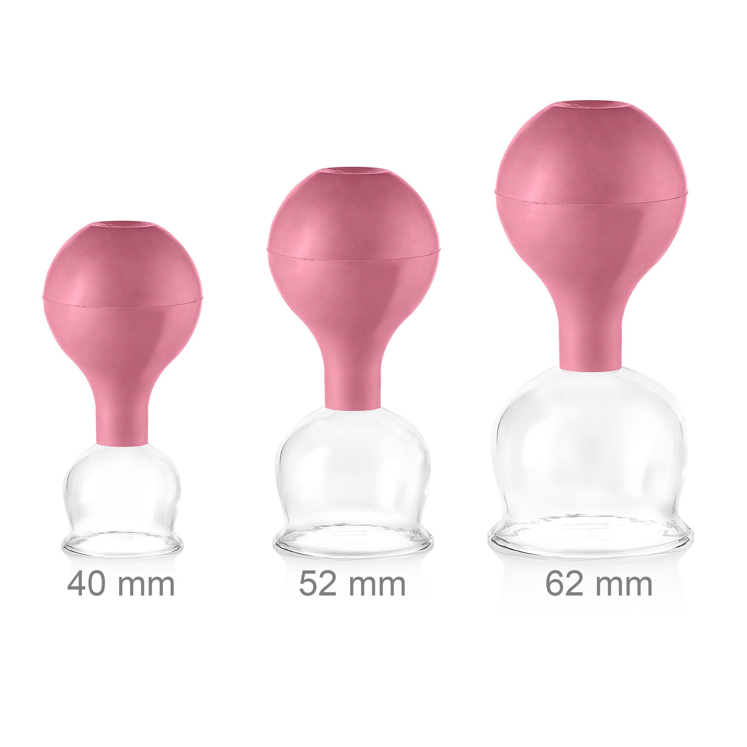 Pulox Schröpfgläser aus Echtglas mit Saugball - Set Trio groß in Pink: 40mm, 52mm, 62mm 3 St