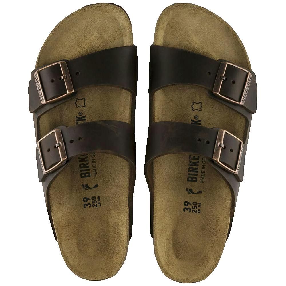 Sandali Birkenstock Arizona. Pelle marrone scuro, due fibbie, plantare in sughero. Vista dall'alto.