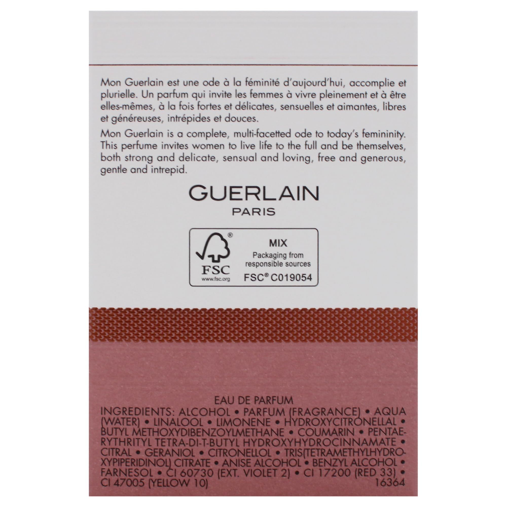 Verpackung mit Text und Logo. FSC-Zertifizierung. Inhaltsstoffe und Text in Englisch und Französisch.