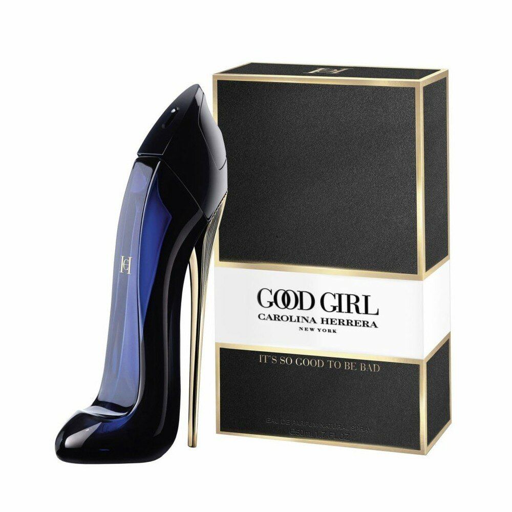 Schwarzer Flakon in Schuhform und Verpackung. Aufschrift: Good Girl, Carolina Herrera, New York. Goldfarbene Details.