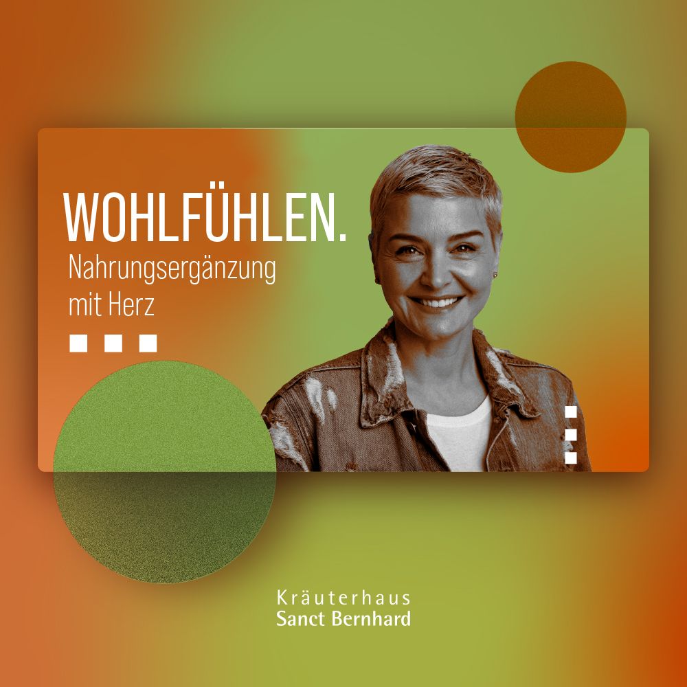 Grafik mit Text: Wohlfühlen. Nahrungsergänzung mit Herz. Porträt einer lächelnden Frau.
