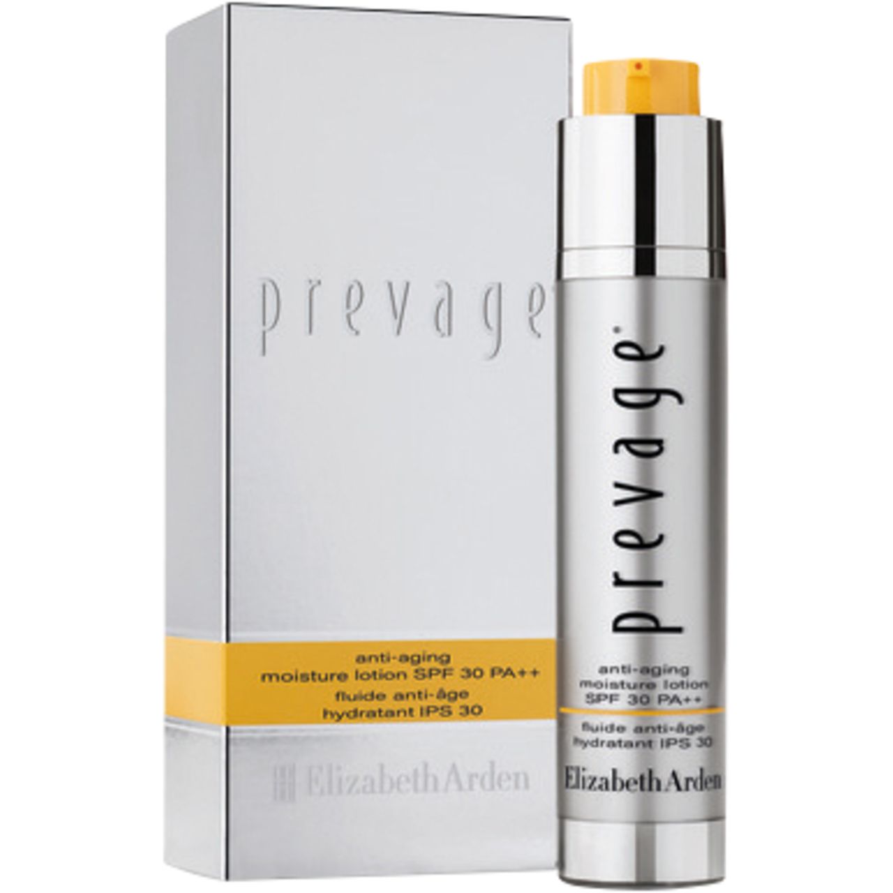 Produktverpackung mit Flasche und Schachtel. Aufschrift: Prevage, Anti-Aging Moisture Lotion SPF 30, Elizabeth Arden.