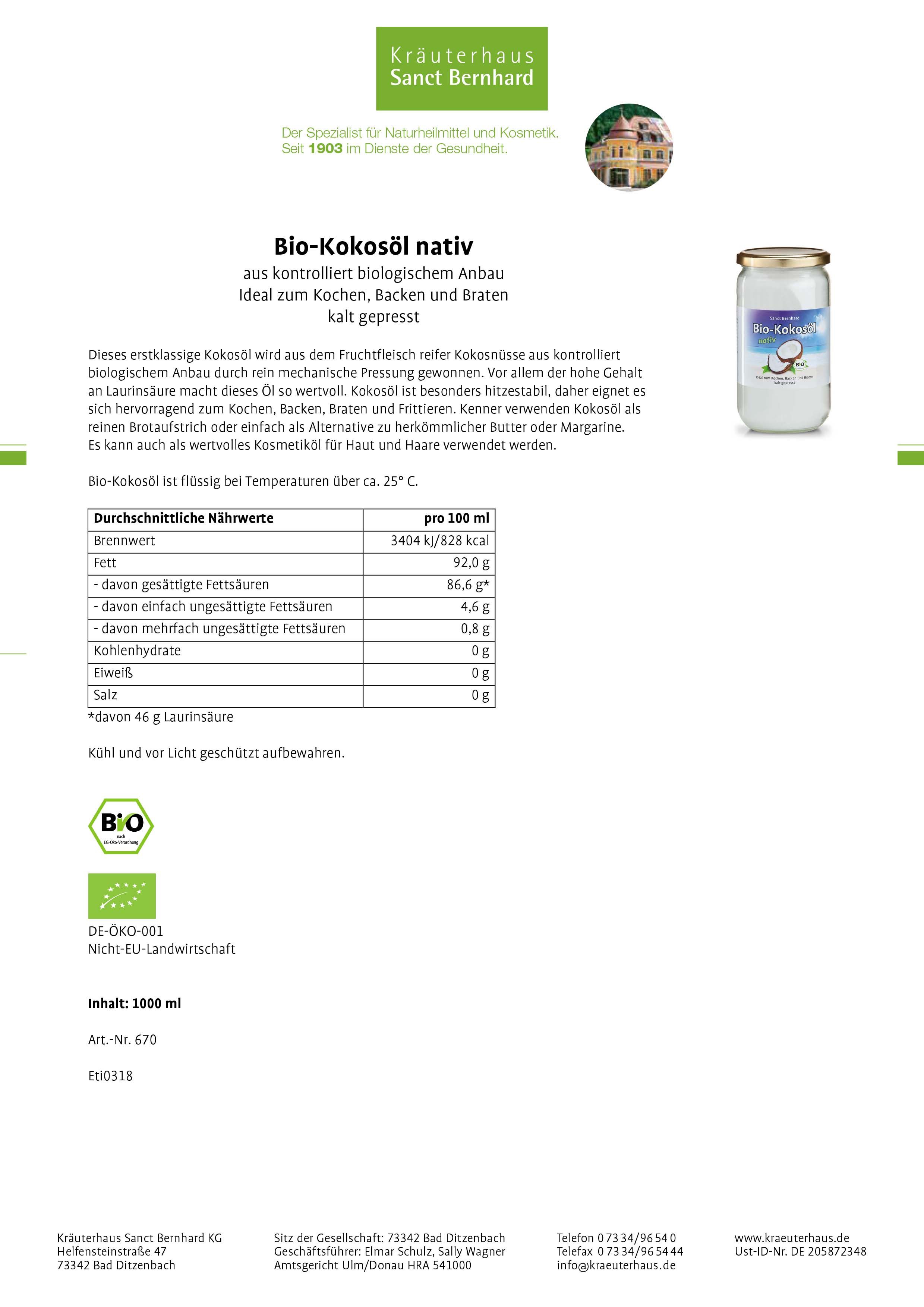 Sanct Bernhard Bio-Kokosöl kalt gepresst 2x1000 ml Öl