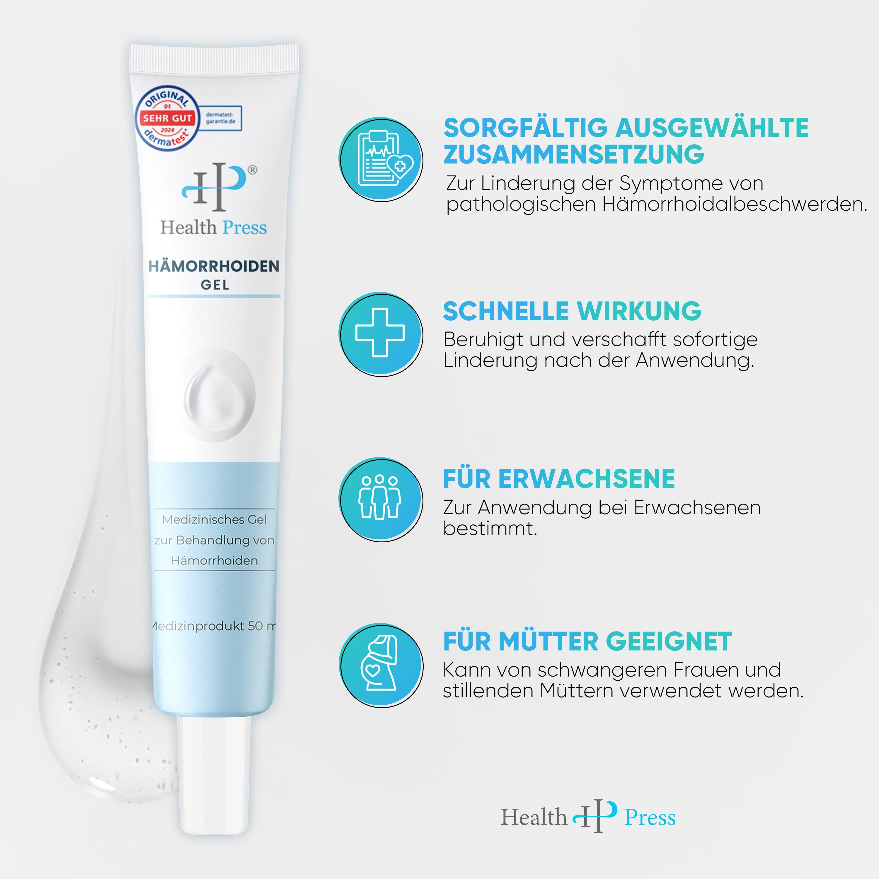 Health Press® Hämorrhoiden Gel, Tube. Medizinprodukt. Text: Sorgfältig ausgewählte Zusammensetzung, schnelle Wirkung, für Erwachsene, für Mütter.