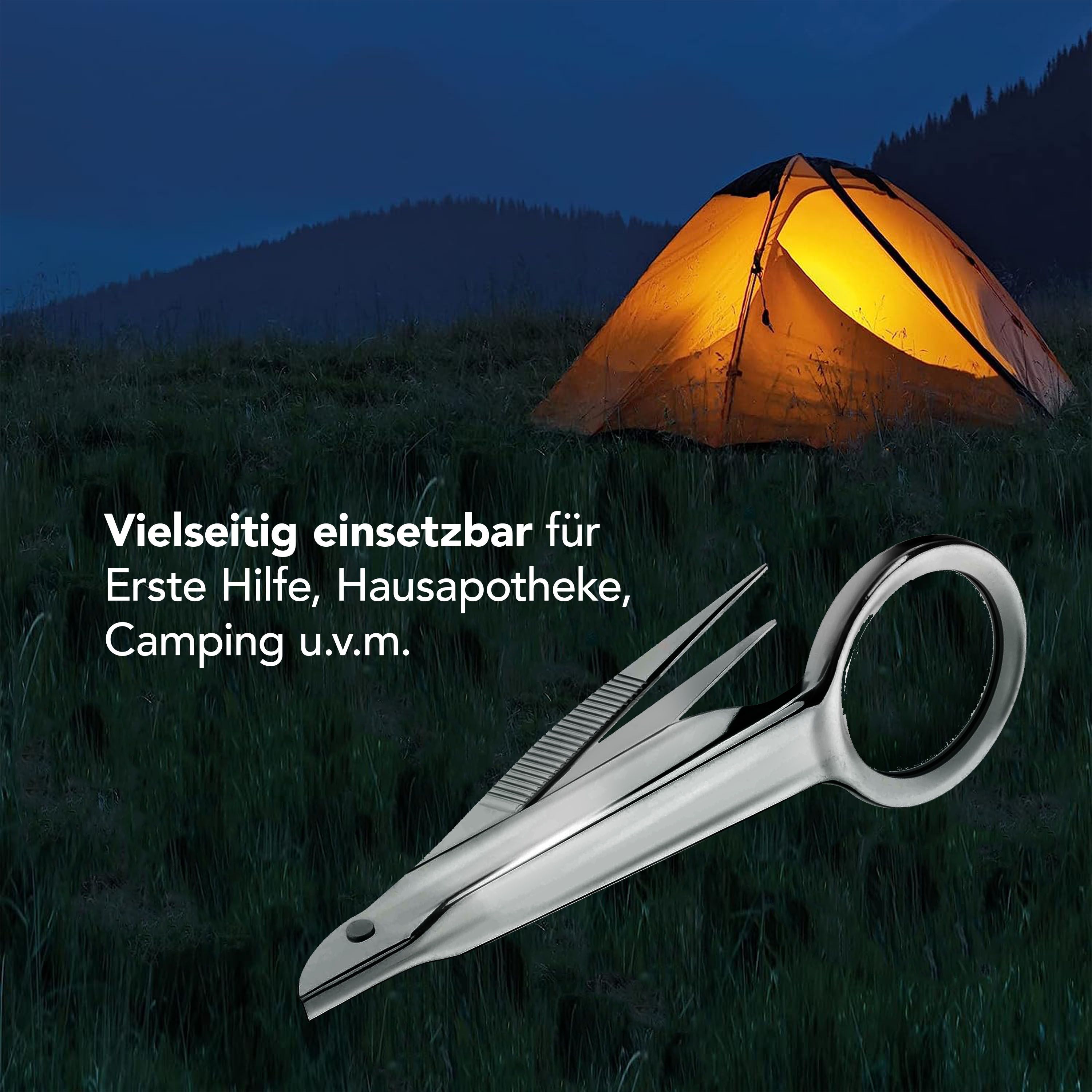 Pinzette mit Lupe, Metall. Text: Vielseitig einsetzbar für Erste Hilfe, Hausapotheke, Camping u.v.m.