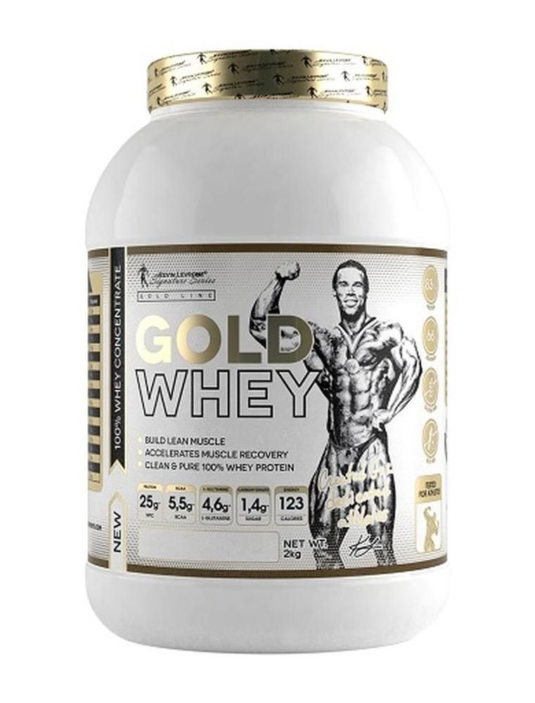 Weißer Behälter mit Gold Whey-Aufdruck. Enthält Informationen zu Proteingehalt und Kalorien. Abbildung eines Mannes.
