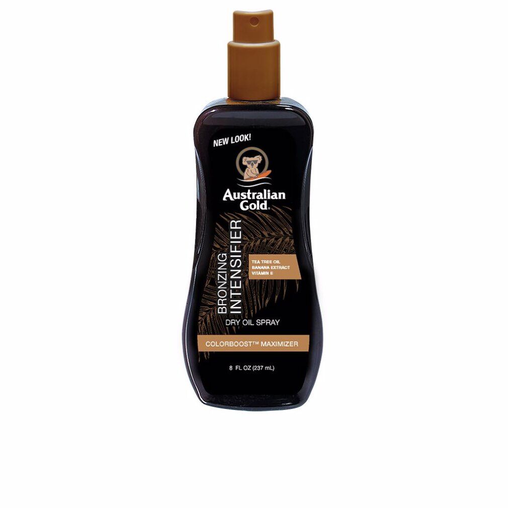 Braune Sprühflasche mit braunem Sprühkopf. Aufschrift: Intensifier, Australian Gold. 237 ml.