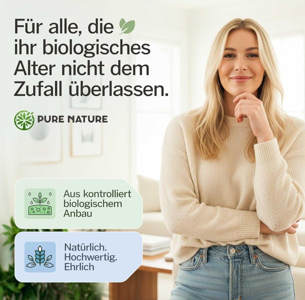 Frau in Wohnzimmer. Text: Aus kontrolliert biologischem Anbau, natürlich, hochwertig, ehrlich. Produktflasche im Hintergrund.