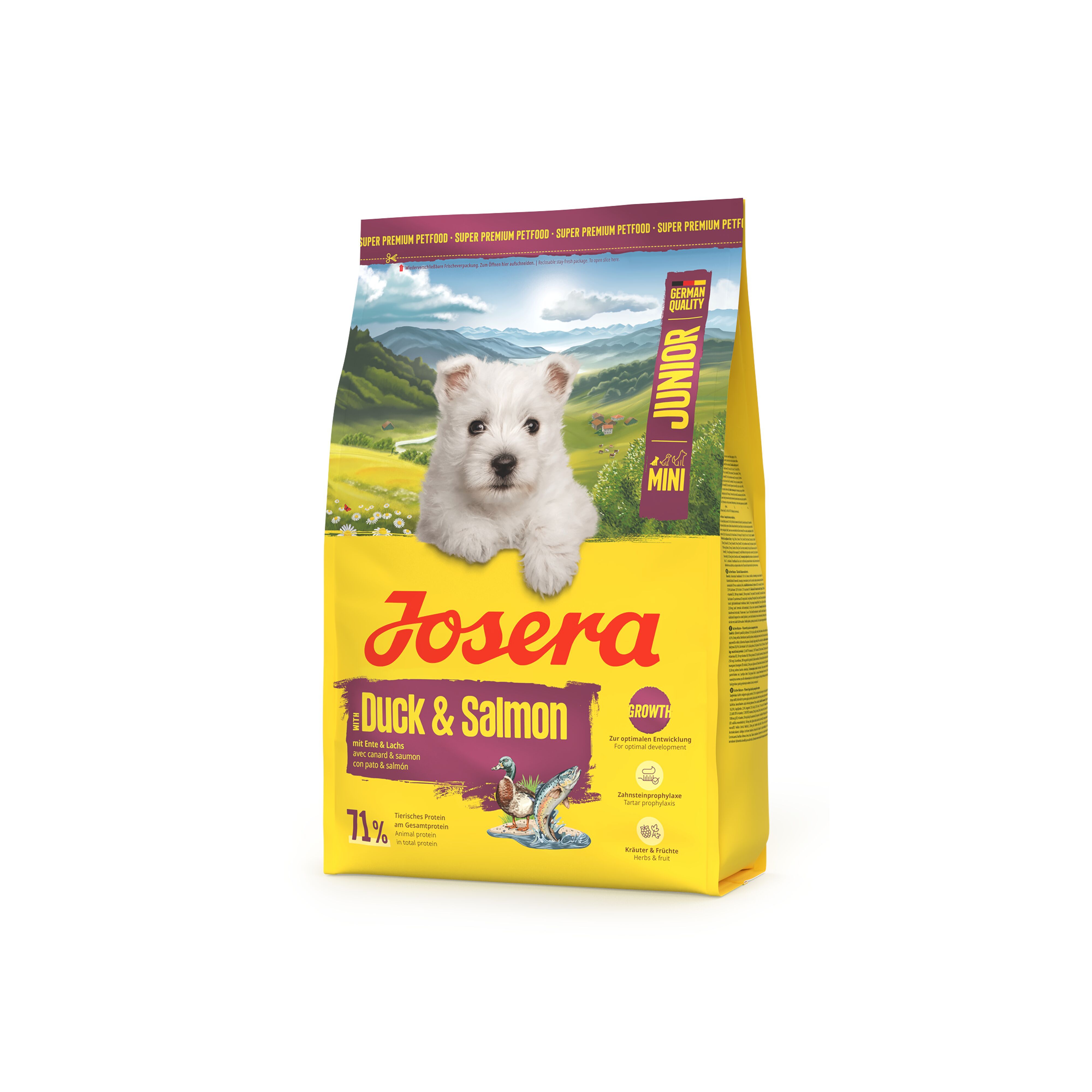 Gelbe Verpackung mit Welpen, Produktname JOSERA Mini Junior Duck & Salmon. Enthält 71% tierische Proteine.
