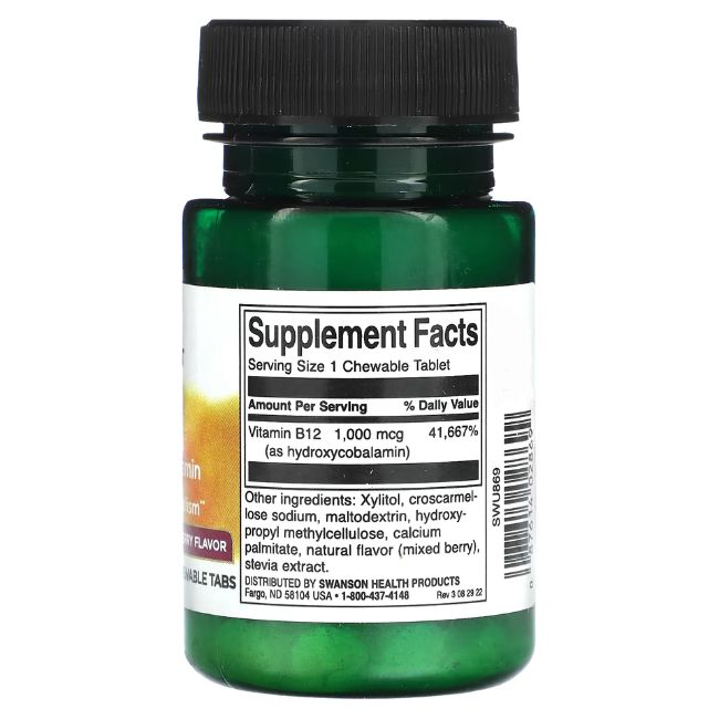 Rückseite einer grünen Flasche mit schwarzem Deckel. Etikett mit Nährwertangaben für Vitamin B12 Hydroxycobalamin.