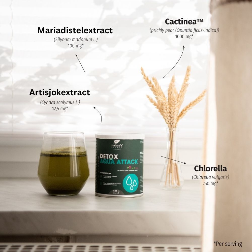 Dose Detox Aqua Attack neben Glas mit Flüssigkeit. Text: Mariendistel, Artischocke, Chlorella.