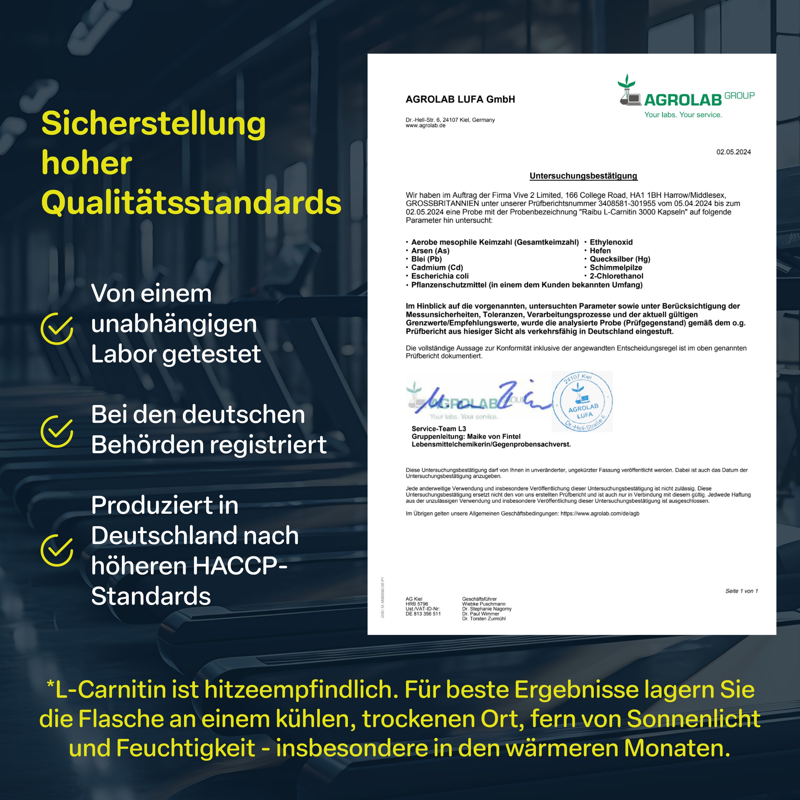 Zertifikat von Agrolab LUFA GmbH. Text: Sicherstellung hoher Qualitätsstandards. Von unabhängigem Labor getestet. Produziert in Deutschland.