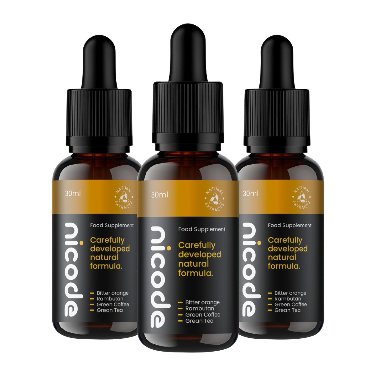 Drei braune Glasflaschen mit schwarzen Pipetten. Aufschrift: Nicode, 30 ml, Food Supplement, Carefully developed natural formula. Enthält Bitterorange, Rambutan, Grüner Kaffee, Grüner Tee.