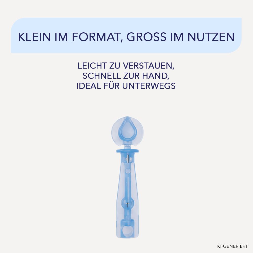 Einzelne blaue Lanzette mit Schutzkappe, Text: Klein im Format, gross im Nutzen.