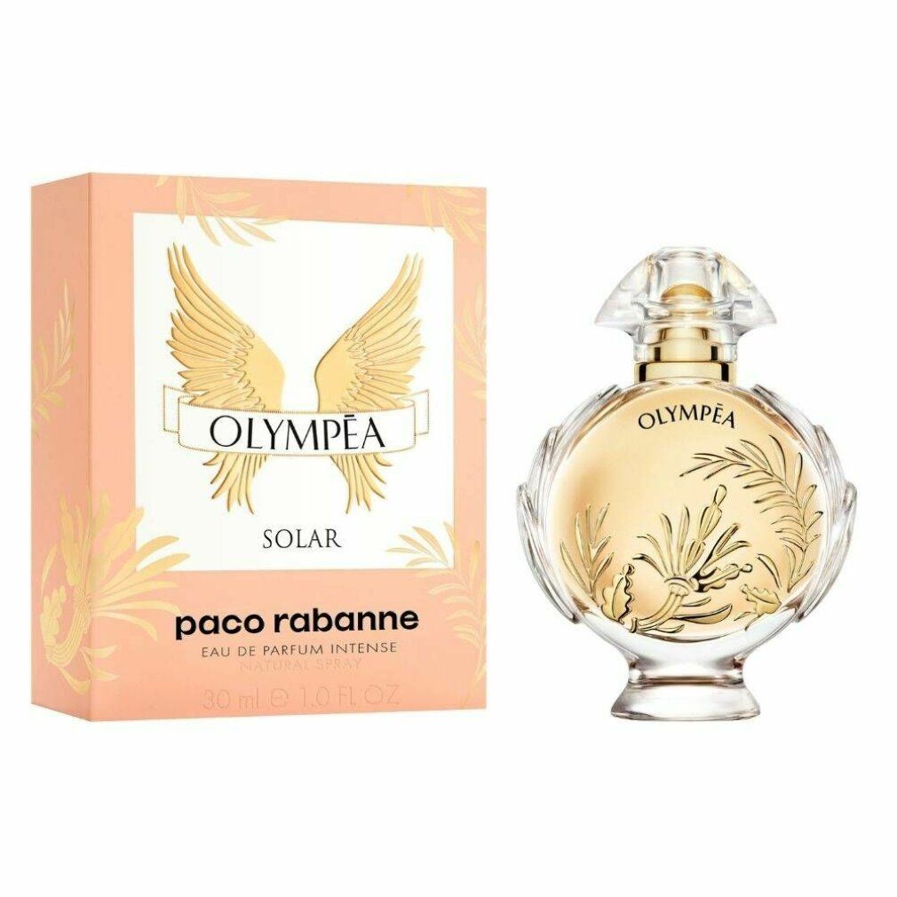 Paco Rabanne Olympéa Solar E.d.P. Nat. Spray Flakon und Verpackung. Goldfarbenes Design, Flügelmotiv.