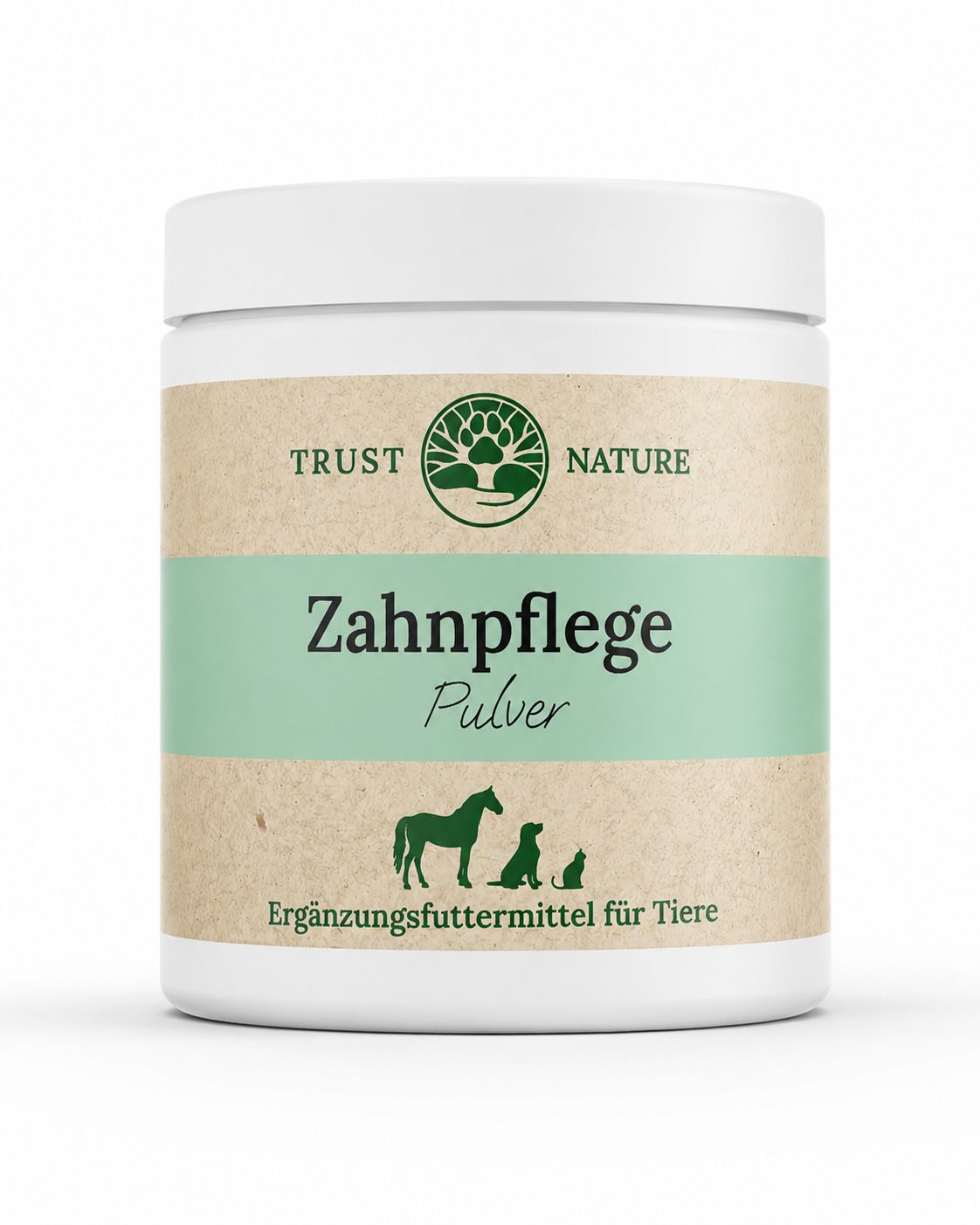 Trust Nature Zahnpflege Pulver für Tiere in weißem Behälter mit naturfarbenem Etikett.