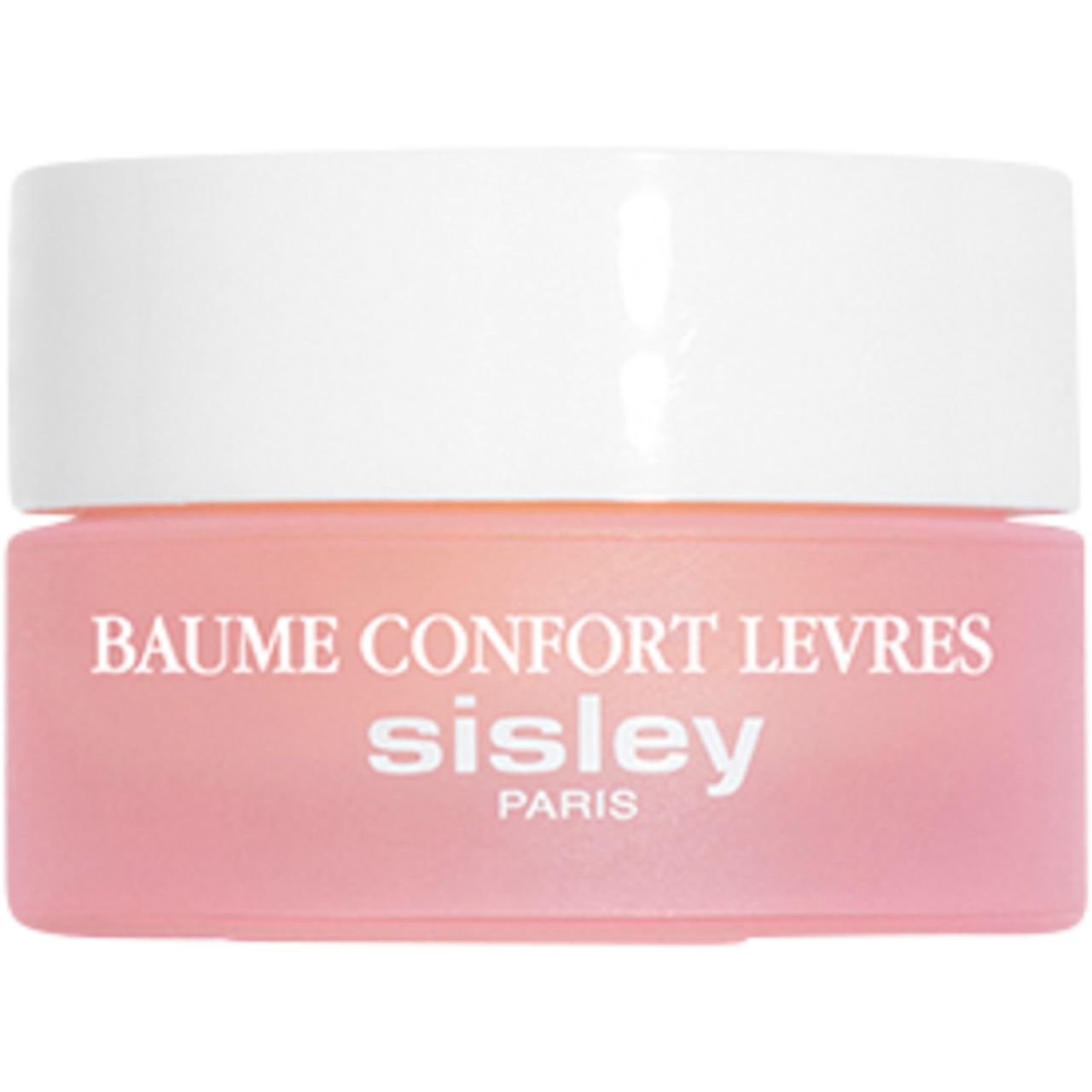 Rosa Dose mit weißem Deckel. Aufschrift: Baume Confort Levres, Sisley, Paris.
