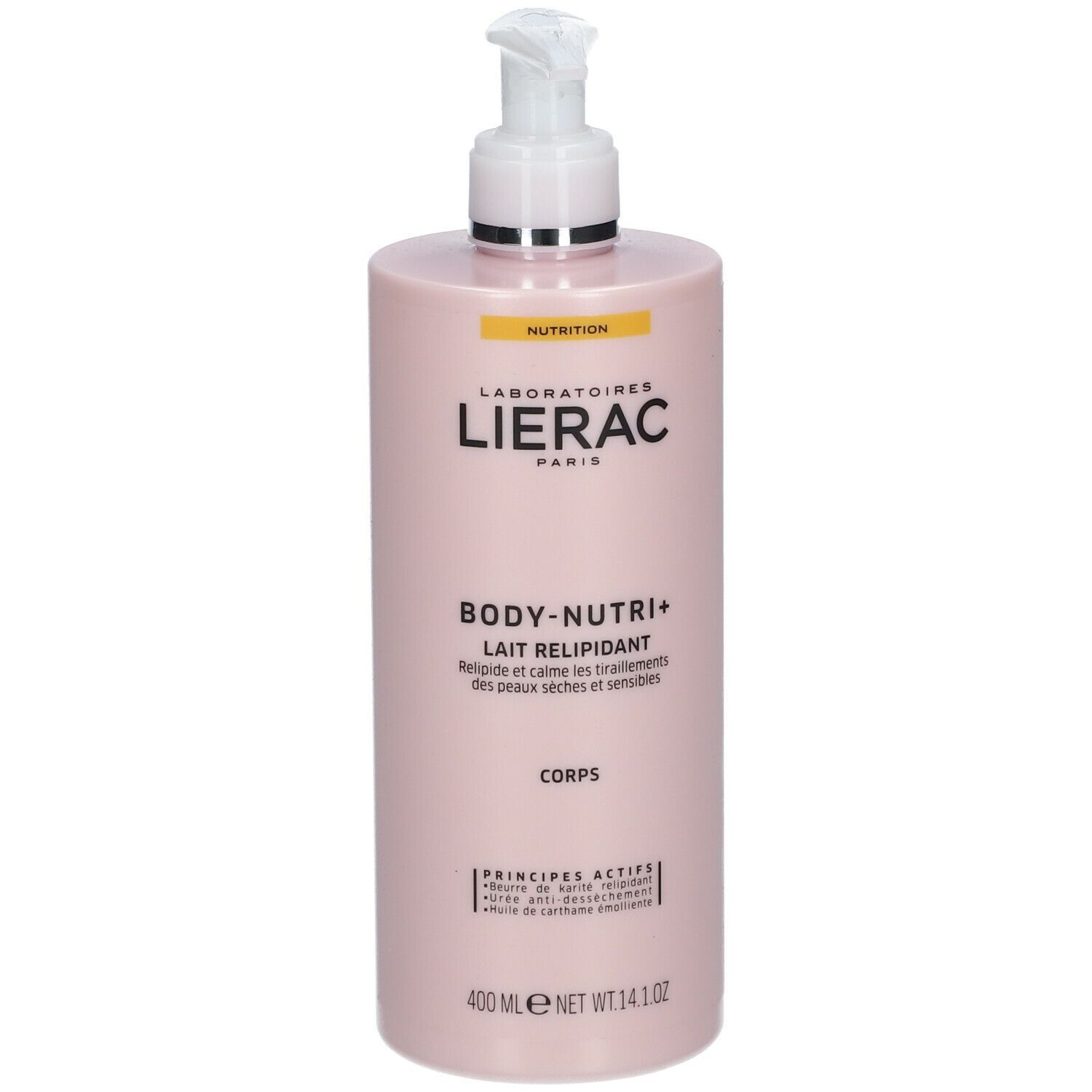 Rosa Flasche mit Pumpe. Aufschrift: LIERAC, BODY-NUTRI+, Lait Relipidant. 400 ml.