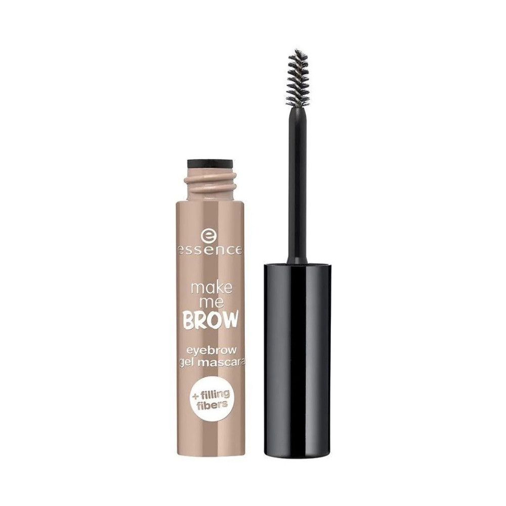 Augenbrauengel-Mascara mit Bürste. Beige Tube mit schwarzem Deckel. Schriftzug: make me brow, eyebrow gel mascara.
