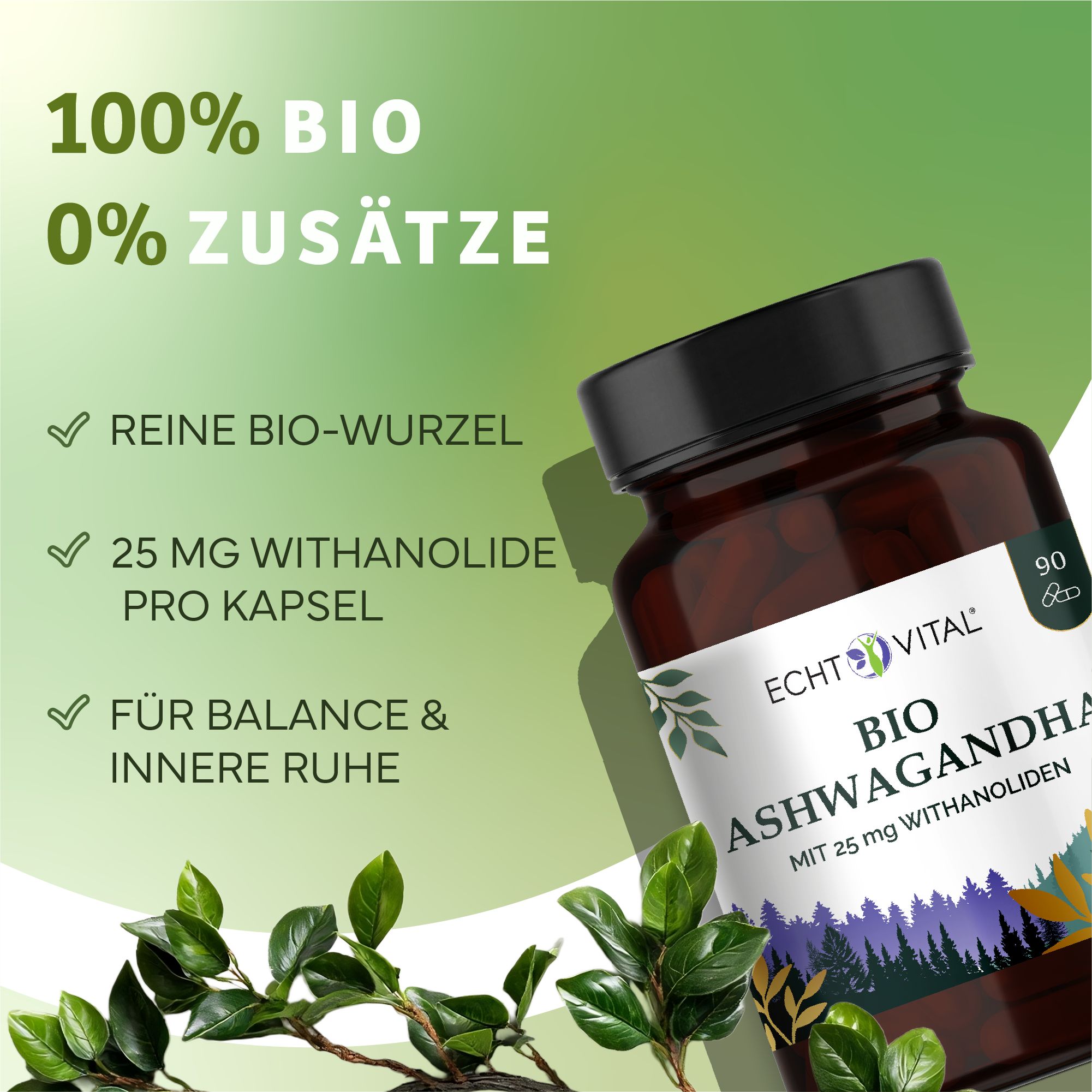 Braune Glasflasche mit schwarzem Deckel. Aufschrift: Echt Vital Bio Ashwagandha. Grün-weiße Etikett mit Text und Blättern. 90 Kapseln.