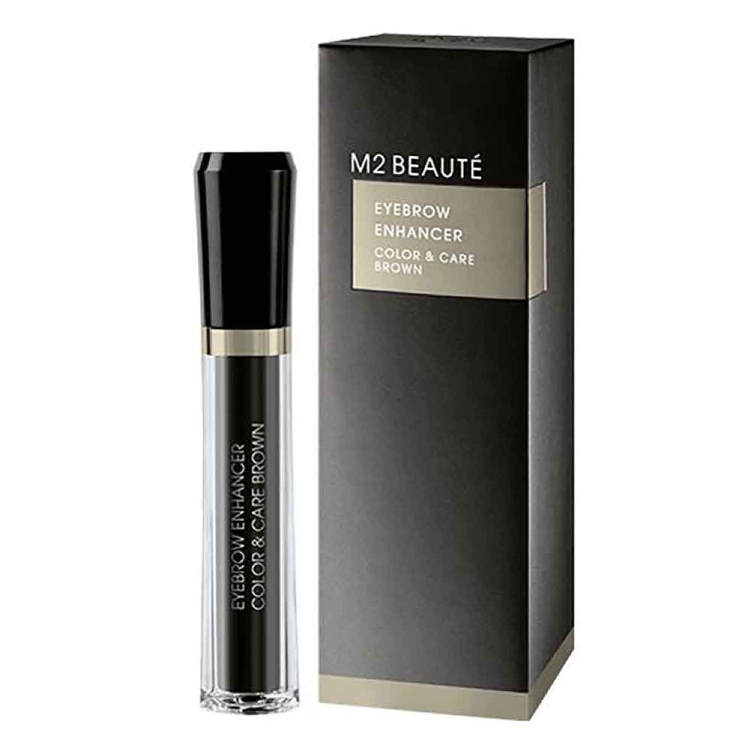 M2 Beauté Eyebrow Enhancer, braun, mit Verpackung. Schwarze Tube mit schwarzem Deckel und brauner Schrift. Schwarze Verpackung.