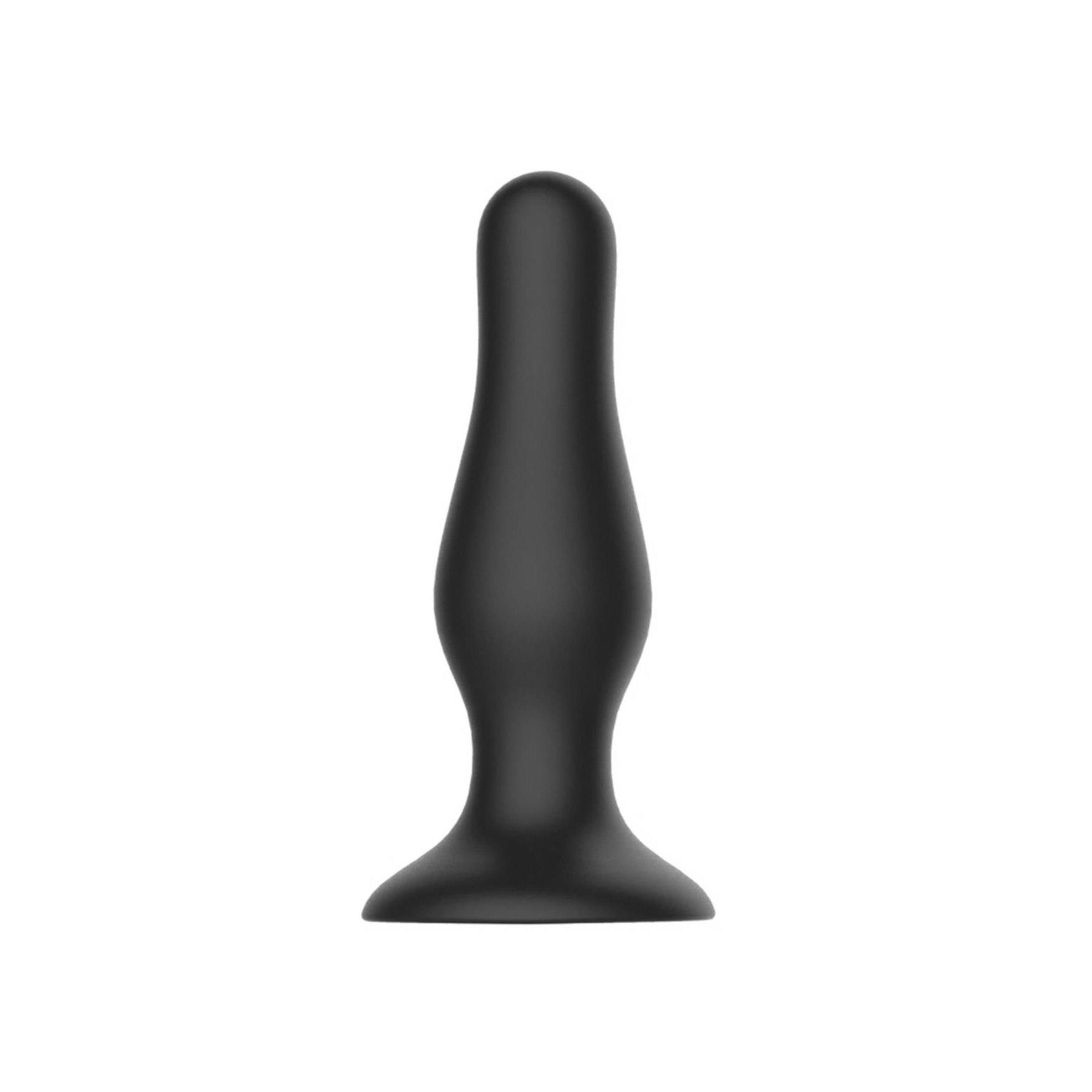 Schwarzer, konisch geformter Analplug. Breiter Sockel, schmaler werdend. Glatte Oberfläche.
