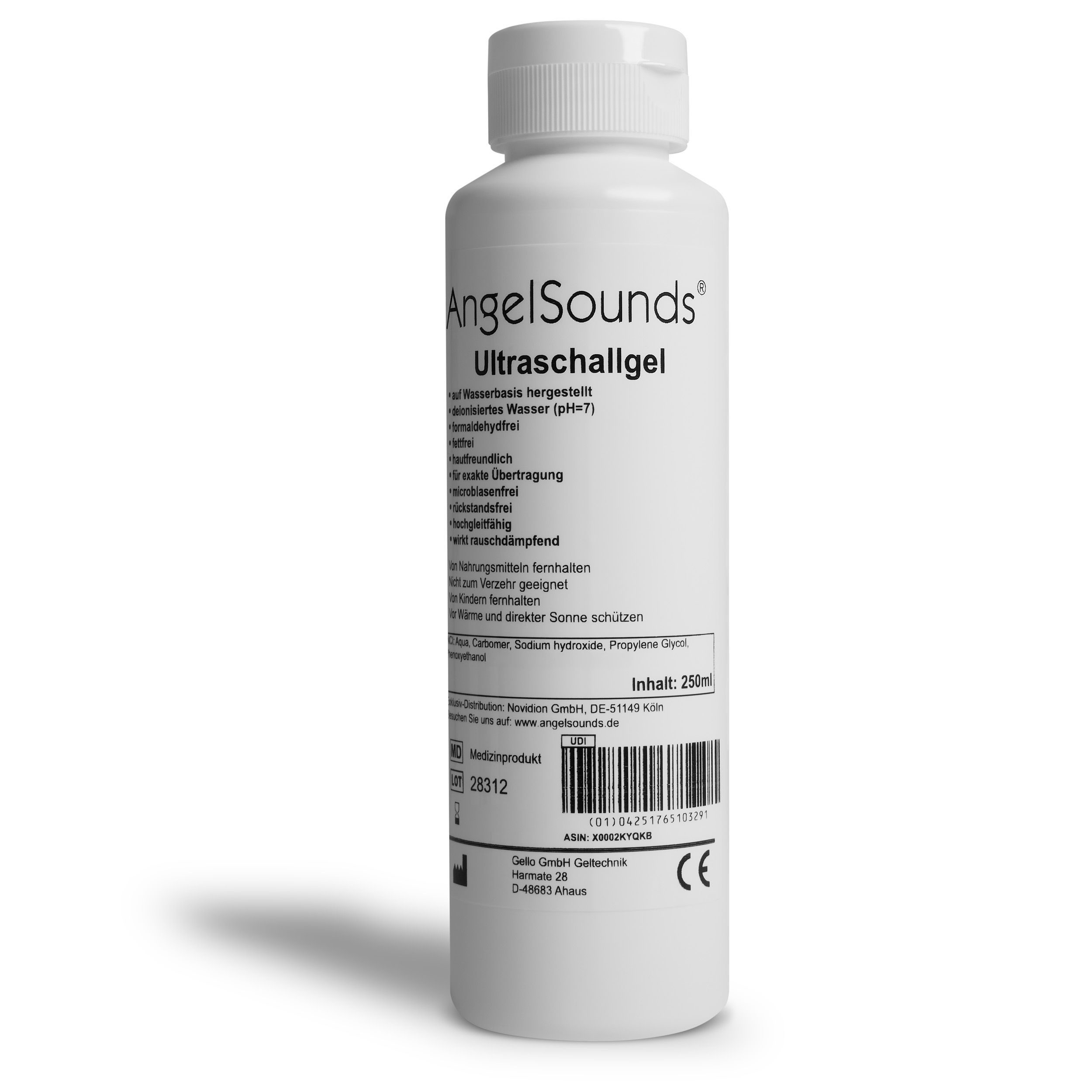 Weiße Flasche mit Schraubverschluss. Aufschrift: AngelSounds Ultraschallgel. Barcode und weitere Informationen auf dem Etikett.
