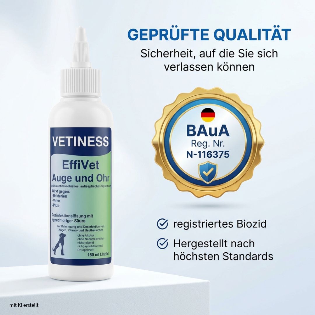 Weiße Flasche mit grünem Etikett. Text: Vetiness EffiVet Auge & Ohr. BaUA-Zertifizierung. Registriertes Biozid. Hergestellt nach höchsten Standards.