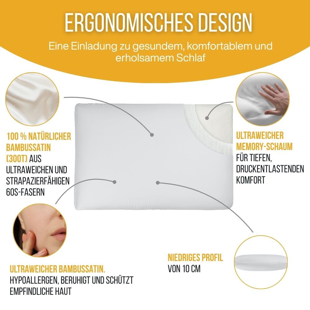 Weißes Kissen mit Text. Ergonomisches Design. Bambus-Satin, Memory-Schaum, 10 cm Profil.