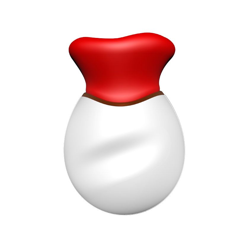 Weißes, ovales Gerät mit roter, trichterförmiger Öffnung. Goldfarbener Ring. Perspektivische Ansicht.