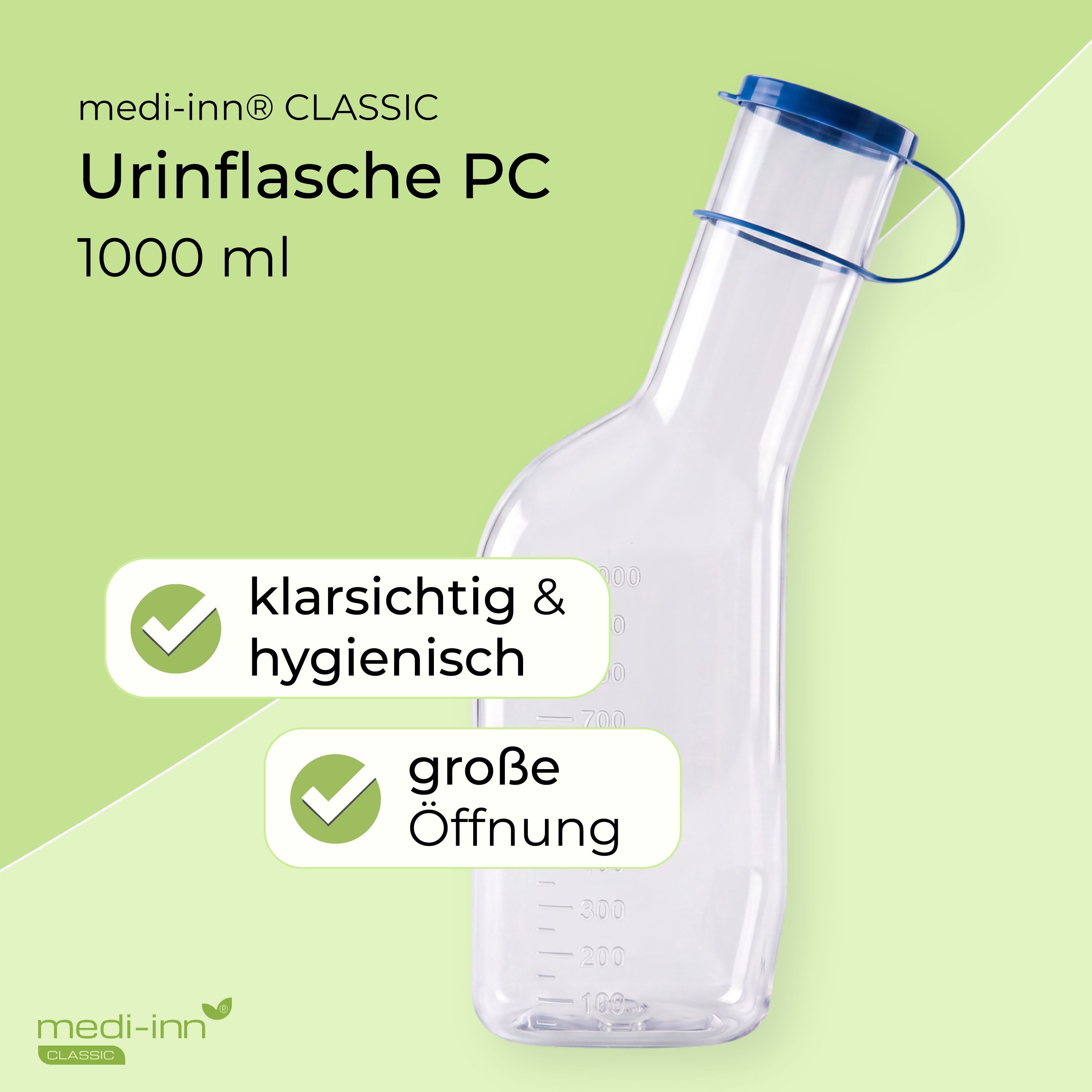 Transparente Urinflasche, 1000 ml, klar, hygienisch, mit großer Öffnung.