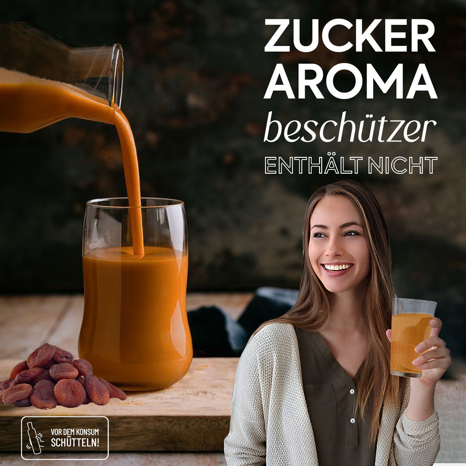 Frau hält ein Glas mit orangefarbenem Getränk. Daneben ein Krug, der eingießt, und getrocknete Aprikosen.