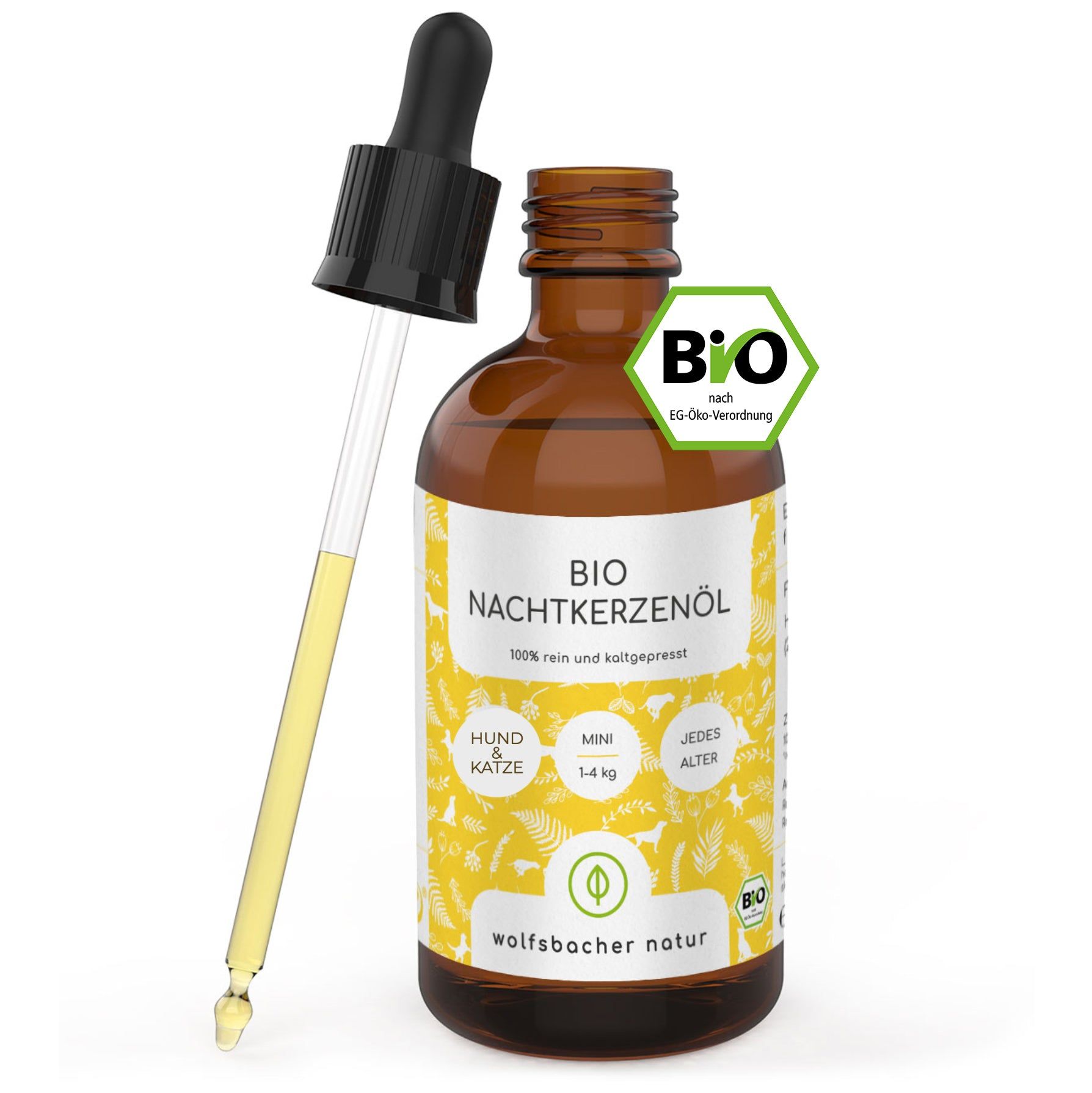 Braune Glasflasche mit Pipette. Etikett mit Produktinformationen und Bio-Siegel. Gelbe Flüssigkeit sichtbar.
