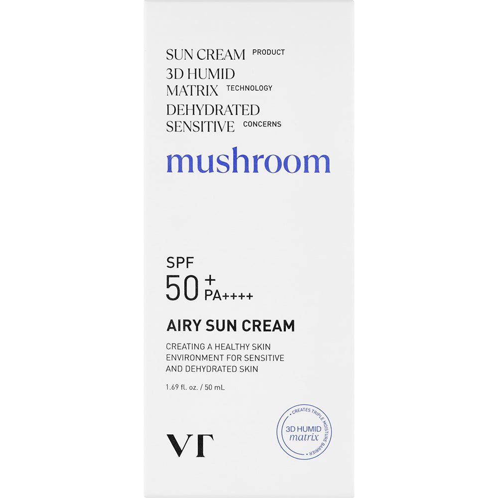 Sonnencreme-Verpackung mit SPF 50+ PA++++, 50 ml. Enthält 'mushroom' und '3D Humid Matrix' Technologie.