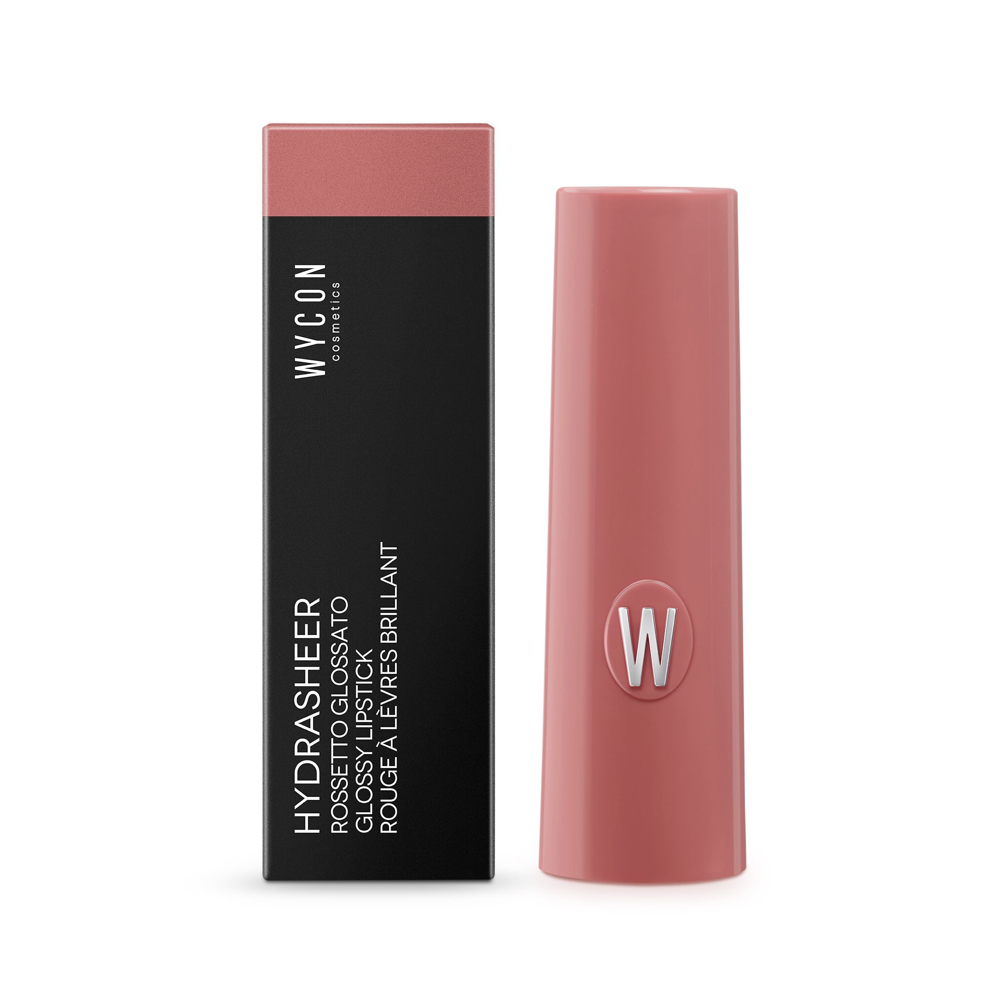 WYCON Hydrasheer Glossy Lipstick 11 Mocha: Lippenstift und Verpackung.