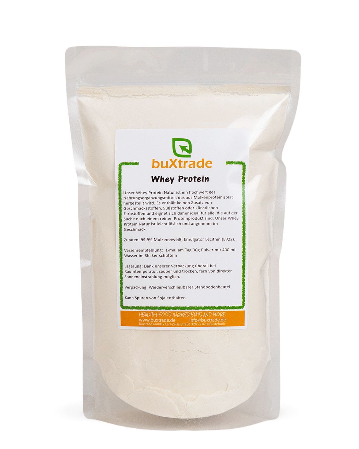 Verpackung buXtrade Whey Protein Natur, Rückseite mit Etikett.