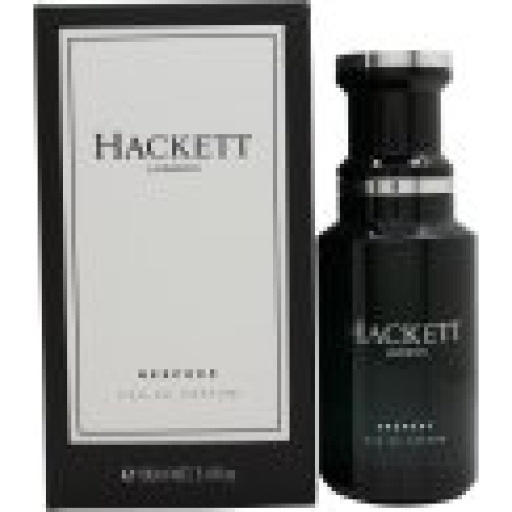 Schwarze Flasche und Verpackung. Hackett Bespoke Eau de Parfum. Text: Hackett London, Bespoke Eau de Parfum. 50ml NET.
