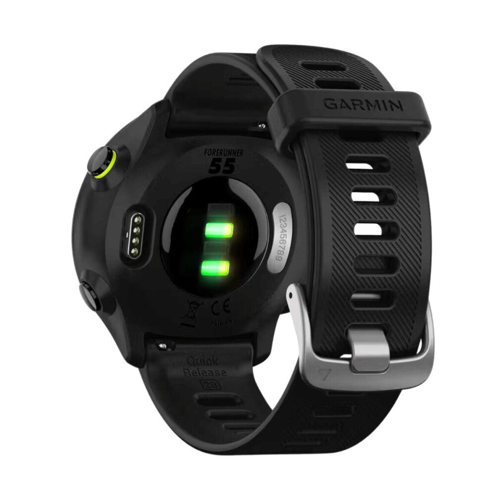 Rückseite einer schwarzen Smartwatch. Zeigt Sensoren und Armbandbefestigung. Marke Garmin.