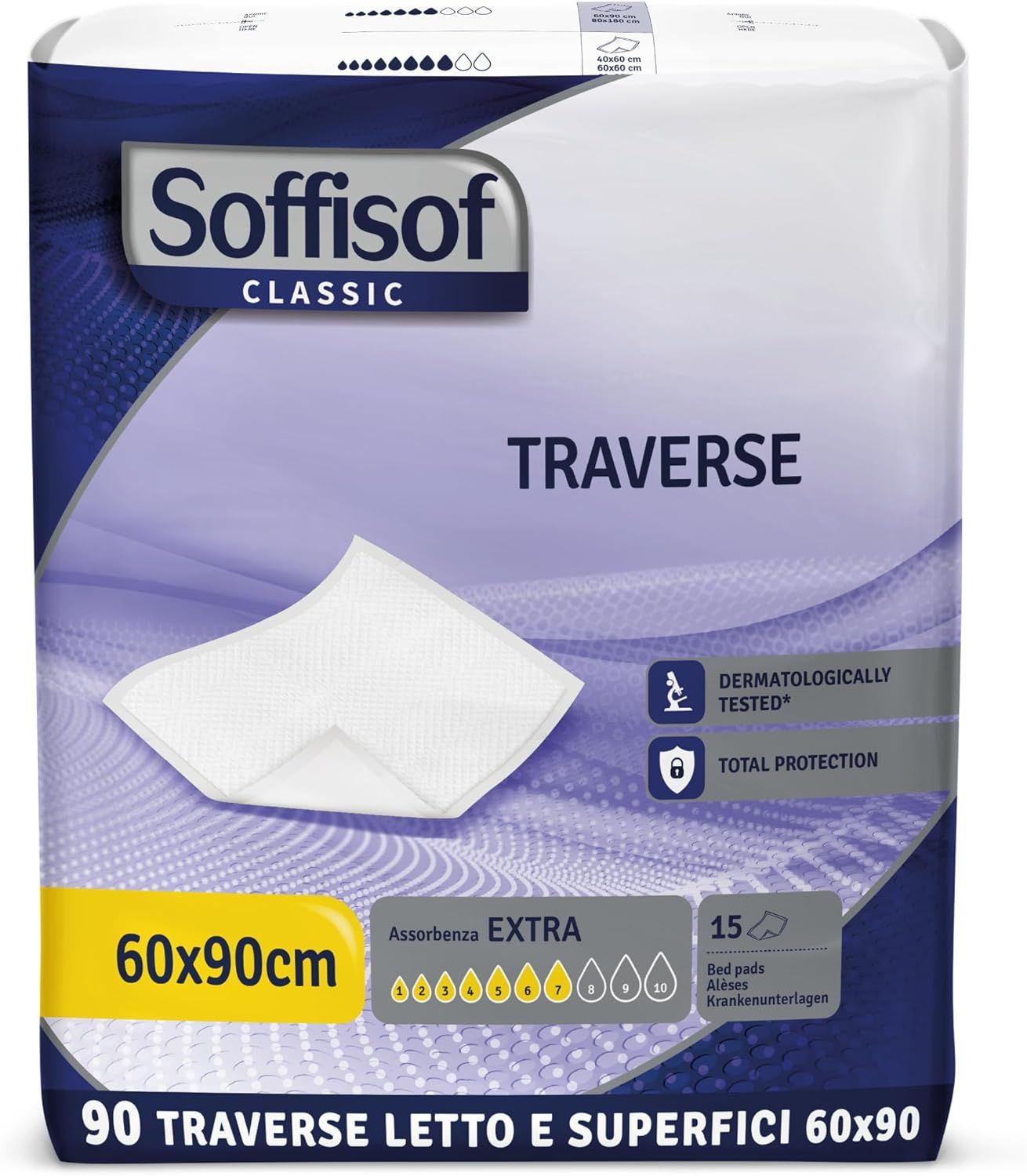 Confezione di Soffisof Classic Traverse. Dimensioni 60x90cm. 15 pezzi. Dermatologicamente testato. Assorbenza extra.