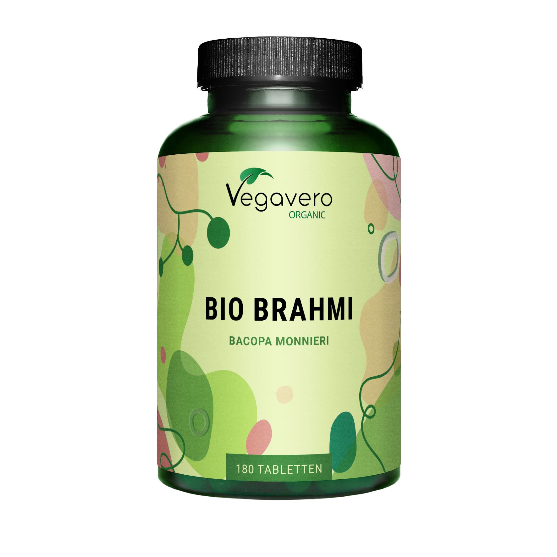 Grüne Flasche mit schwarzen Deckel. Aufschrift: BIO BRAHMI, 180 Tabletten. Marke: Vegavaro Organic.
