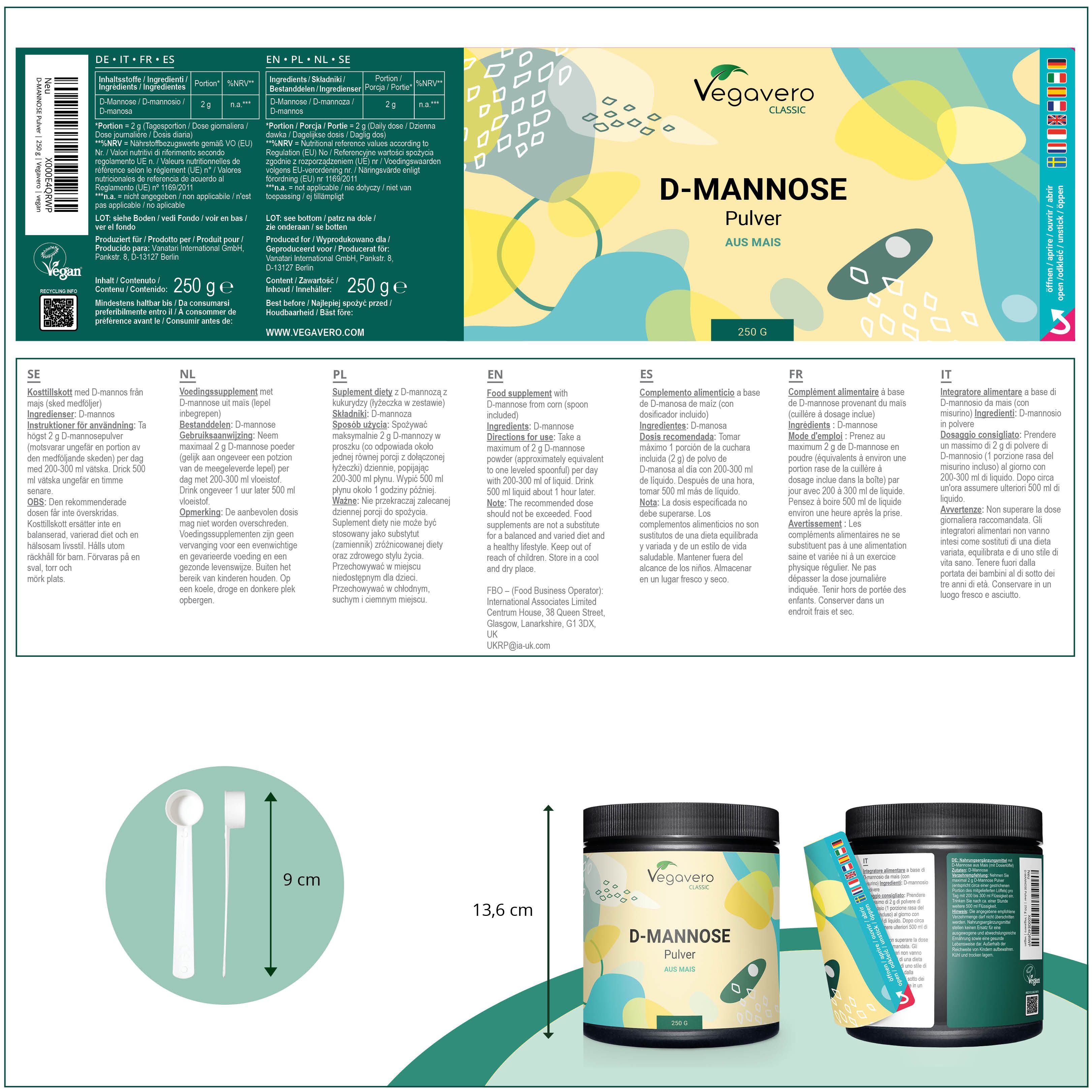 Produktverpackung mit VEGAVERO D-Mannose Pulver, 250g. Enthält Messlöffel. Aufschrift: D-Mannose Pulver. Mehrsprachige Informationen.