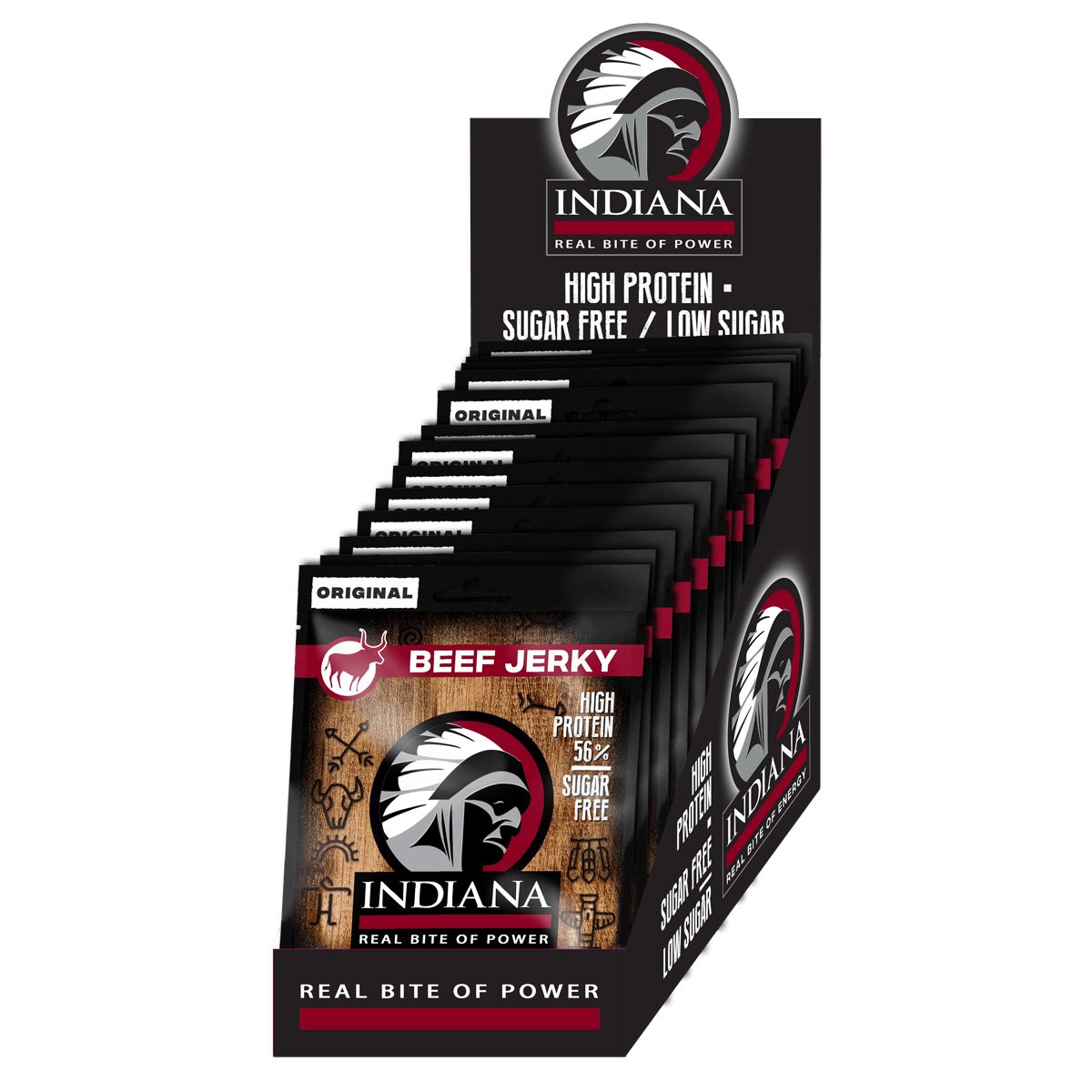 Verpackung mit Indiana Jerky Beef Original. Schwarze Beutel mit roter Schrift. Hoher Proteingehalt, zuckerfrei. Markenlogo mit Indianerkopf.