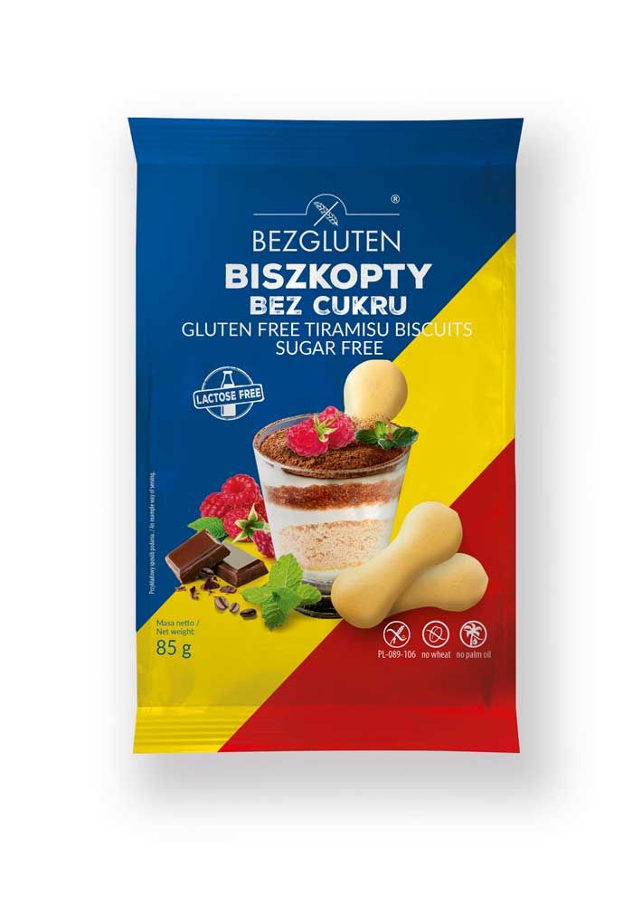 Verpackung mit glutenfreien Löffelbiskuits. Aufschrift: Bezgluten, glutenfrei, zuckerfrei. Abbildung von Tiramisu und Löffelbiskuits.