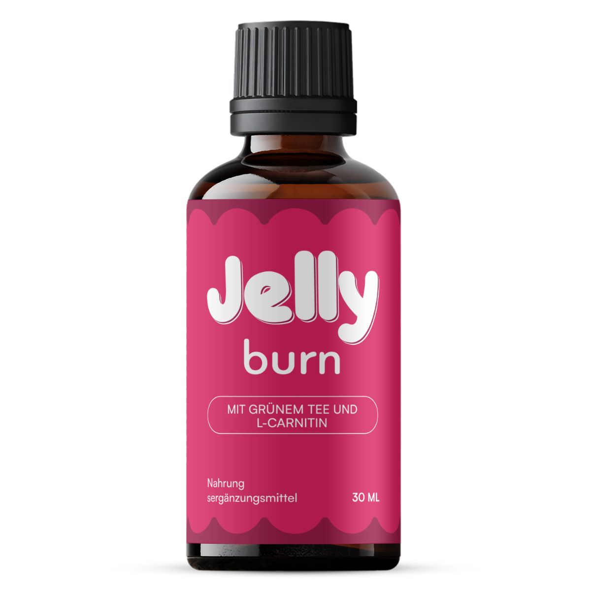 Braune Glasflasche mit schwarzem Deckel, rosa Etikett mit weißer Schrift 'Jelly burn', 'Nahrungsergänzungsmittel'.