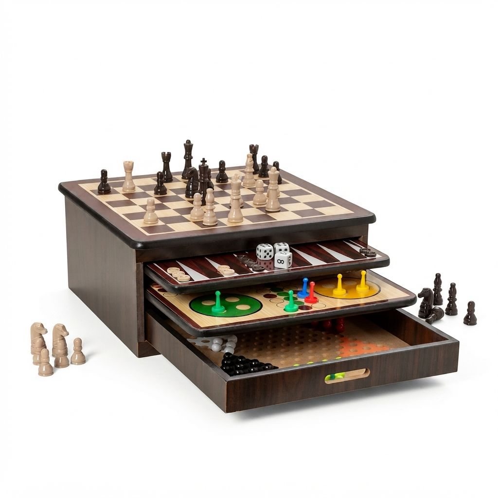 Mehrspartenspiel-Set in einem Holzschrank mit ausziehbaren Schubladen für Schach, Backgammon und Dame.