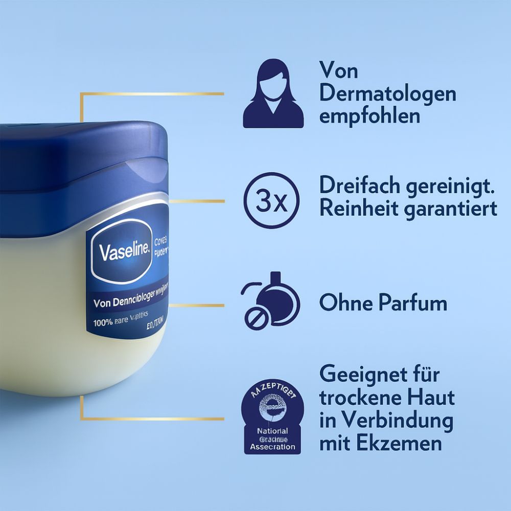 Vaseline® Tiegel mit blauer Kappe. Ohne Parfüm. Dreifach gereinigt. Von Dermatologen empfohlen. Geeignet für trockene Haut.