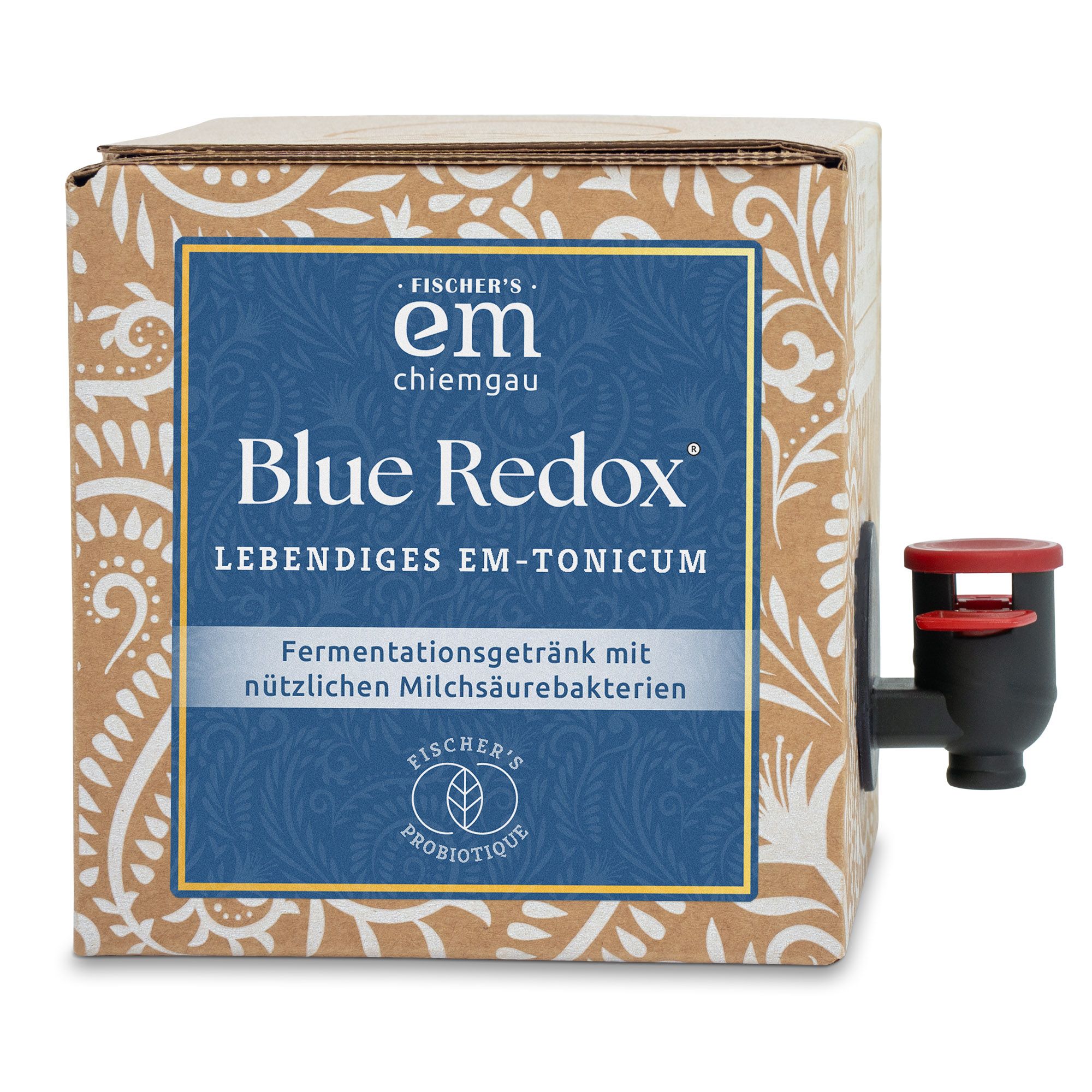 Karton mit blauem Etikett. Aufschrift: Blue Redox, lebendiges EM-Tonicum. Mit Zapfhahn. Marke: Fischer's em chiemgau.