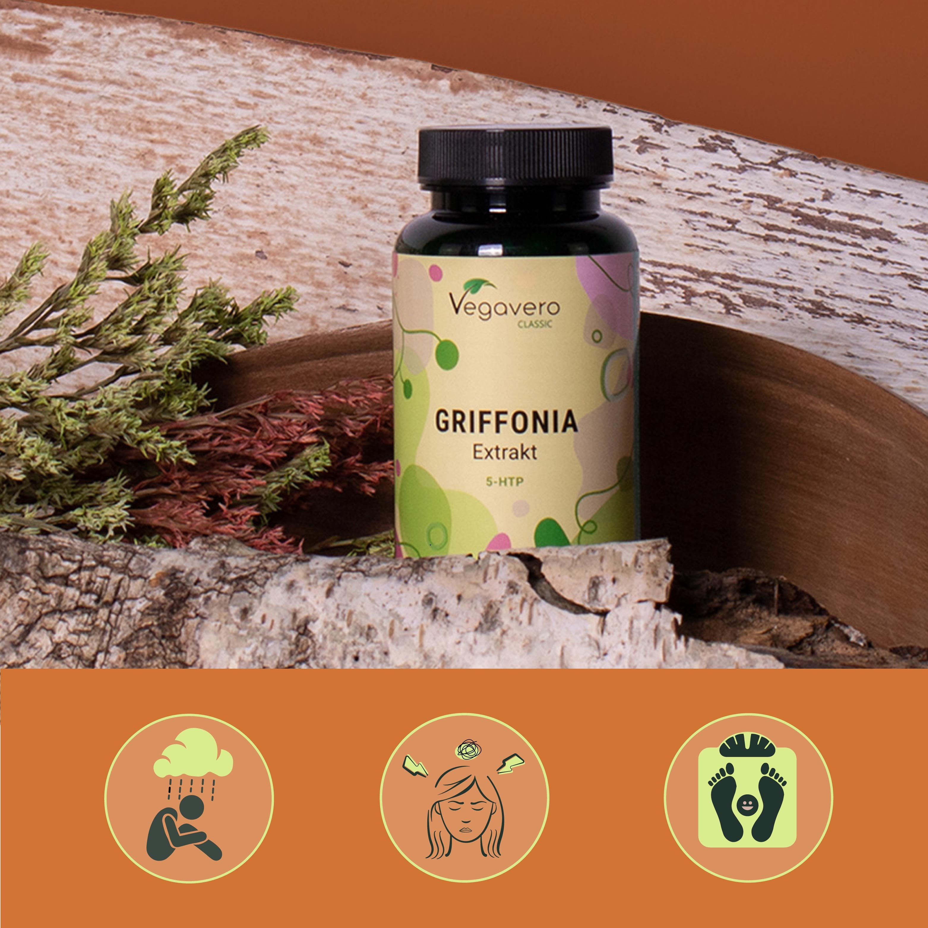 Grüne Flasche mit schwarzen Deckel. Aufschrift: Griffonia Extrakt 5-HTP. Marke: Vegavaro Classic. Auf Birkenrinde platziert.